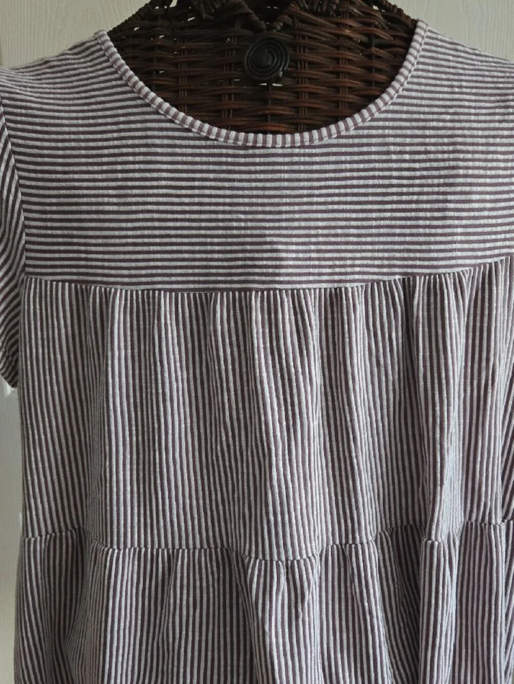 Exclusive One Striped Short-Sleeve Peplum Babydoll Top in Maroon Stripe-Size XL